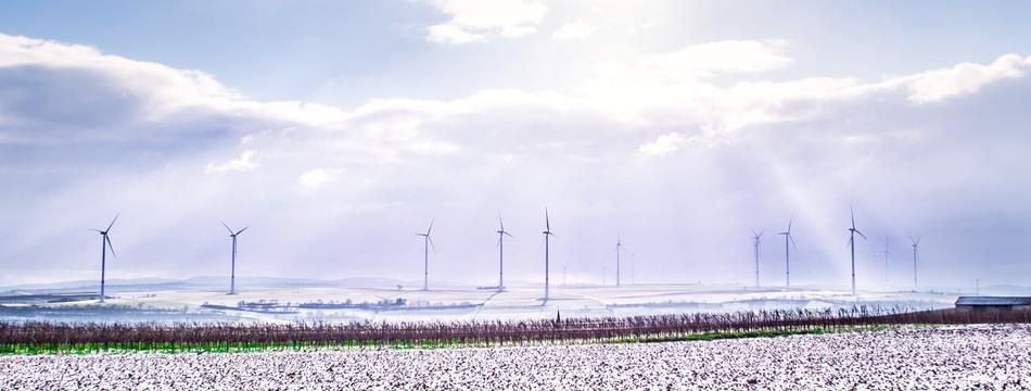 Windkraftanlagen auf einem Feld im Winter