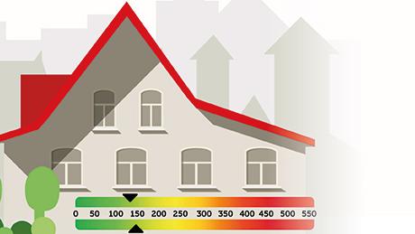 Grafik: Haus mit Skala zum Energieausweis