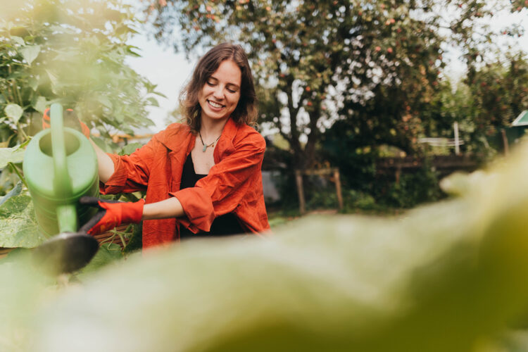 Frau gießt in ihrem Schrebergarten